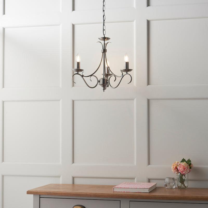 Traditional Ceiling Pendant Lights - Bernice Antique Silver Finish 3 Light Chandelier 2030-3AS 2030-3AS outward view