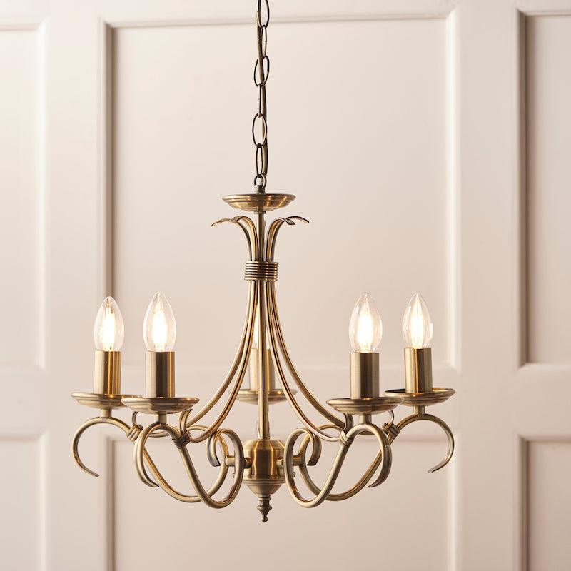 Traditional Ceiling Pendant Lights - Bernice Antique Brass Finish 5 Light Chandelier 2030-5AN full setting