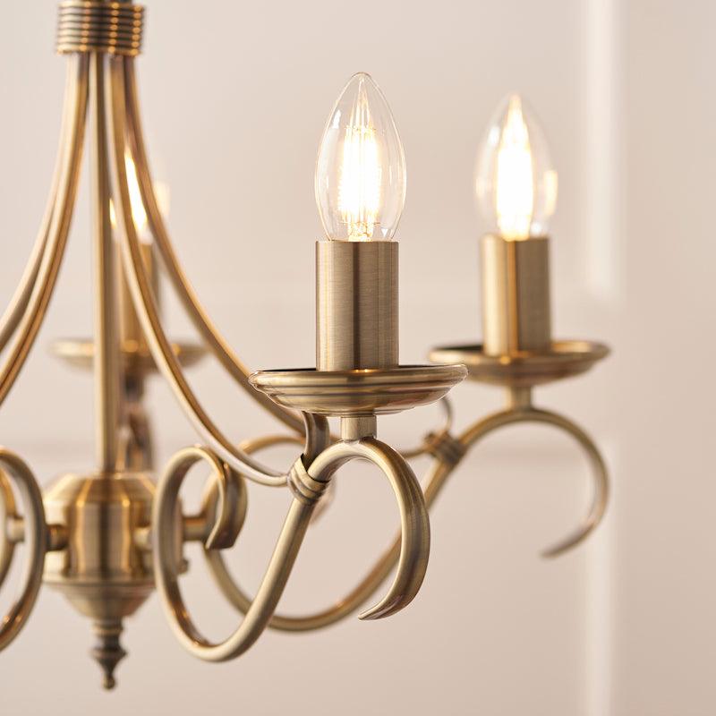 Traditional Ceiling Pendant Lights - Bernice Antique Brass Finish 5 Light Chandelier 2030-5AN close up bulb