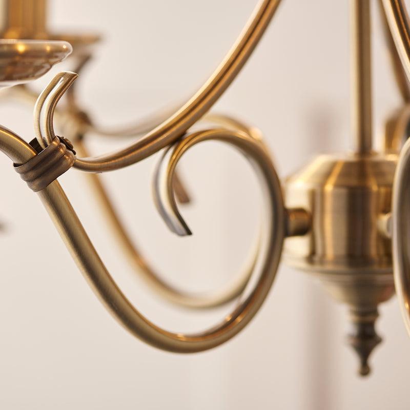 Traditional Ceiling Pendant Lights - Bernice Antique Brass Finish 5 Light Chandelier 2030-5AN extreme close up