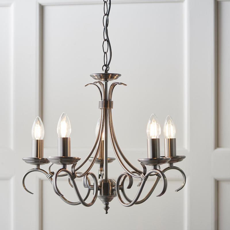 Traditional Ceiling Pendant Lights - Bernice Antique Silver Finish 5 Light Chandelier 2030-5AS lamp front view