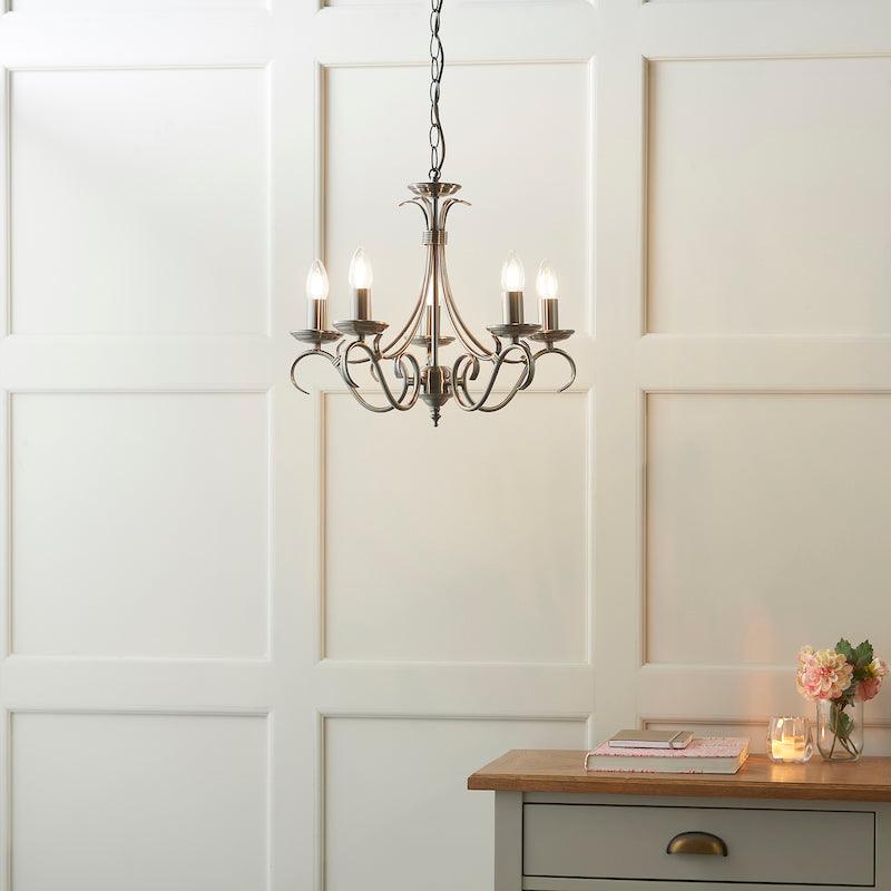 Traditional Ceiling Pendant Lights - Bernice Antique Silver Finish 5 Light Chandelier 2030-5AS large view