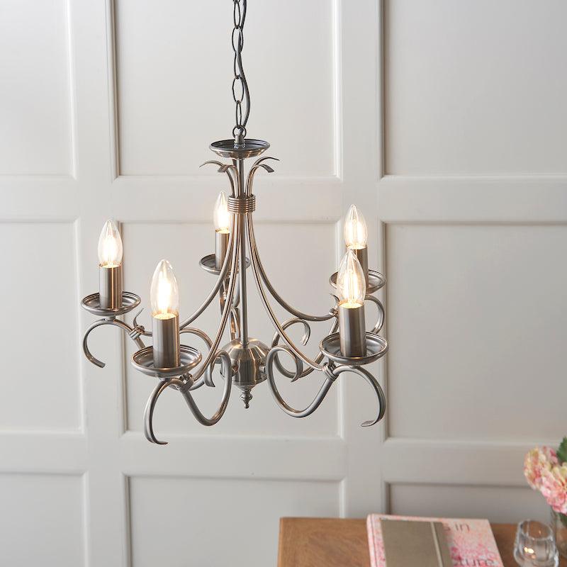 Traditional Ceiling Pendant Lights - Bernice Antique Silver Finish 5 Light Chandelier 2030-5AS upper view