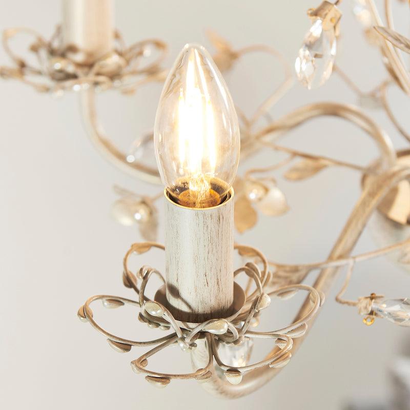 Traditional Ceiling Pendant Lights - Lullaby Cream And Gold Painted 5 Light Chandelier LULLABY-5CR close up lamp bulb