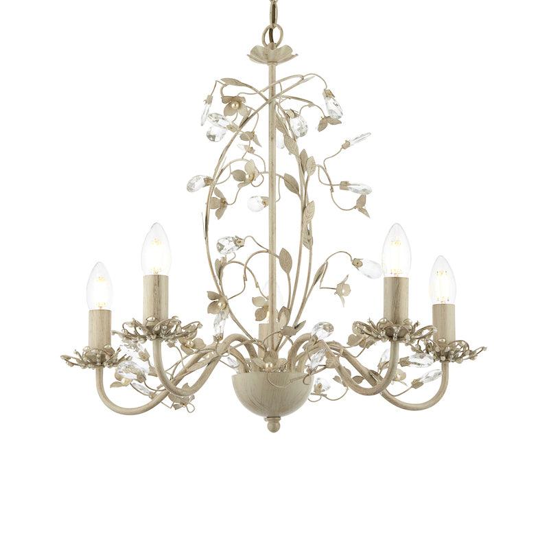 Traditional Ceiling Pendant Lights - Lullaby Cream And Gold Painted 5 Light Chandelier LULLABY-5CR close up lamp 
