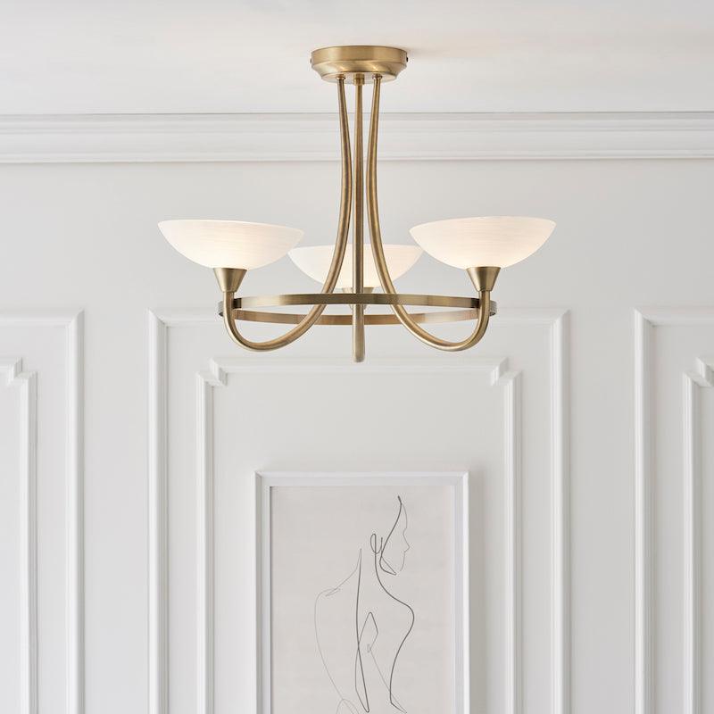Traditional Flush And Semi Flush Ceiling Lights - Cagney 3LT Antique Brass & White Painted Glass With Lines Semi Flush Ceiling Light CAGNEY-3AB distance