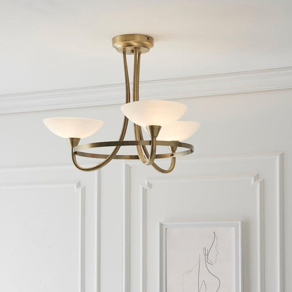 Traditional Flush And Semi Flush Ceiling Lights - Cagney 3LT Antique Brass & White Painted Glass With Lines Semi Flush Ceiling Light CAGNEY-3AB full view