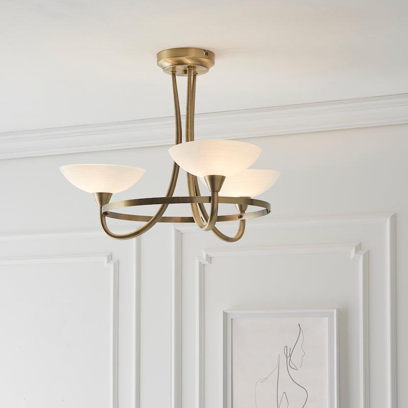 Traditional Flush And Semi Flush Ceiling Lights - Cagney 3LT Antique Brass & White Painted Glass With Lines Semi Flush Ceiling Light CAGNEY-3AB full view