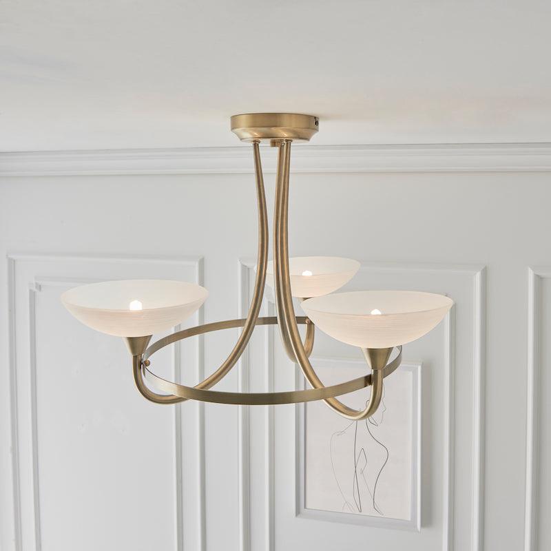 Traditional Flush And Semi Flush Ceiling Lights - Cagney 3LT Antique Brass & White Painted Glass With Lines Semi Flush Ceiling Light CAGNEY-3AB above