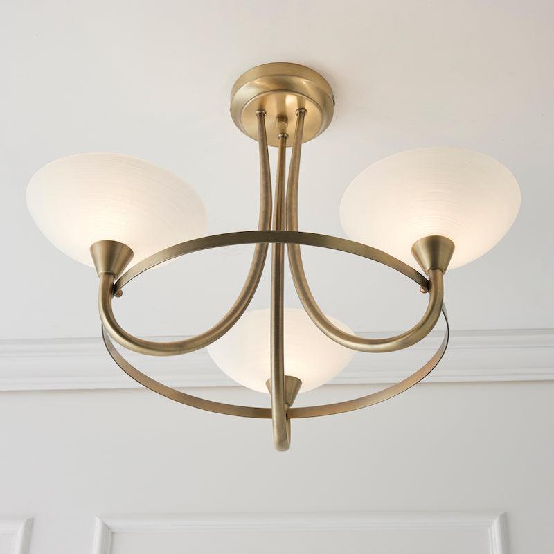 Traditional Flush And Semi Flush Ceiling Lights - Cagney 3LT Antique Brass & White Painted Glass With Lines Semi Flush Ceiling Light CAGNEY-3AB under