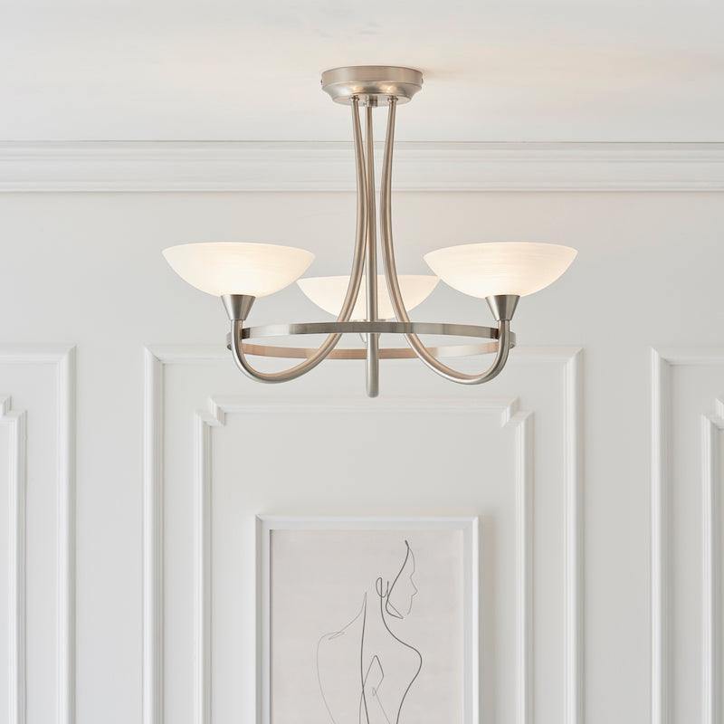 Traditional Flush And Semi Flush Ceiling Lights - Cagney 3LT Satin Crome & White Painted Glass With Lines Semi Flush Ceiling Light CAGNEY-3SC full