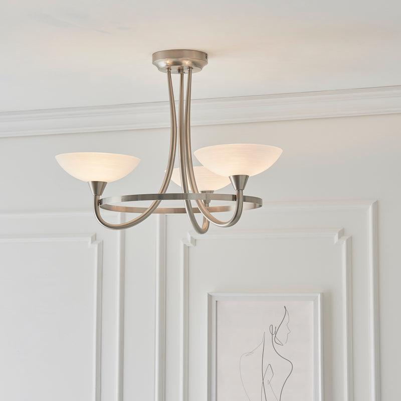 Traditional Flush And Semi Flush Ceiling Lights - Cagney 3LT Satin Crome & White Painted Glass With Lines Semi Flush Ceiling Light CAGNEY-3SC side