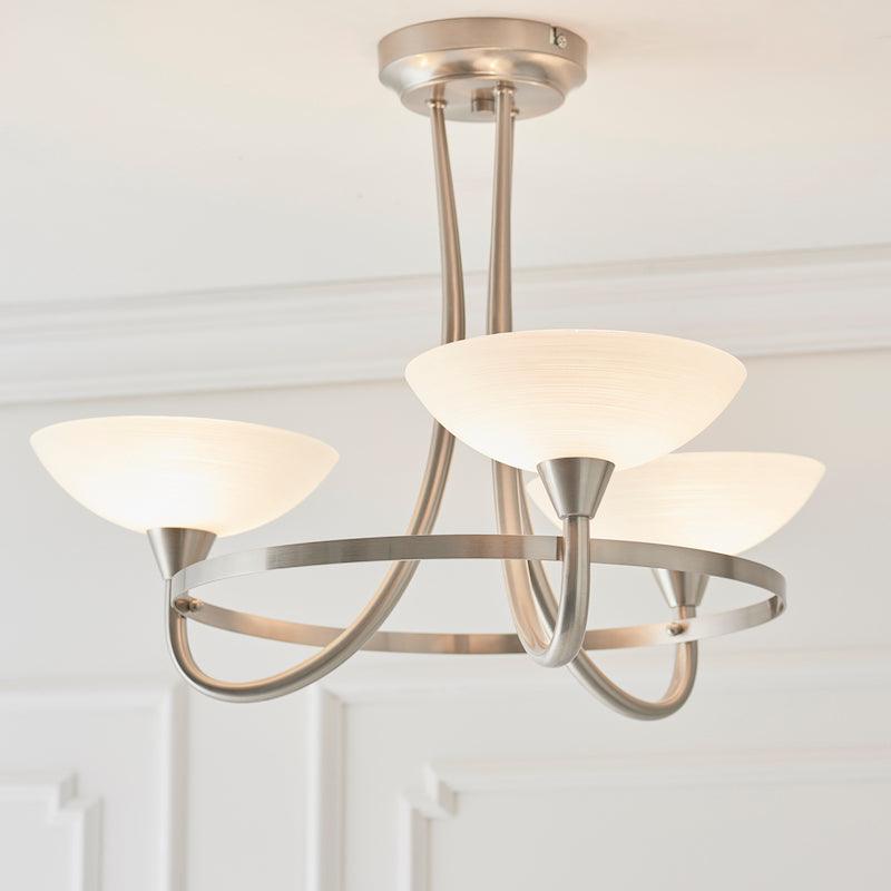Traditional Flush And Semi Flush Ceiling Lights - Cagney 3LT Satin Crome & White Painted Glass With Lines Semi Flush Ceiling Light CAGNEY-3SC close up