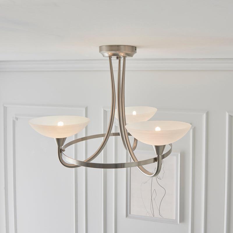 Traditional Flush And Semi Flush Ceiling Lights - Cagney 3LT Satin Crome & White Painted Glass With Lines Semi Flush Ceiling Light CAGNEY-3SC above