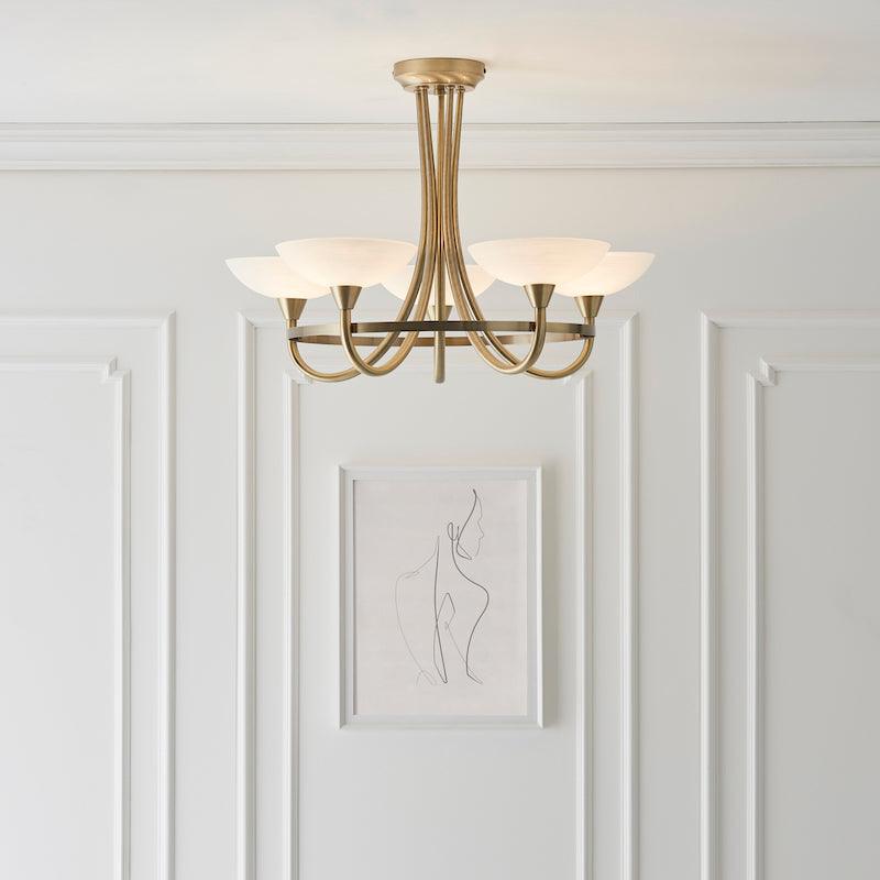 Traditional Flush And Semi Flush Ceiling Lights - Cagney 5LT Antique Brass & White Painted Glass With Lines Semi Flush Ceiling Light  CAGNEY-5AB full front view