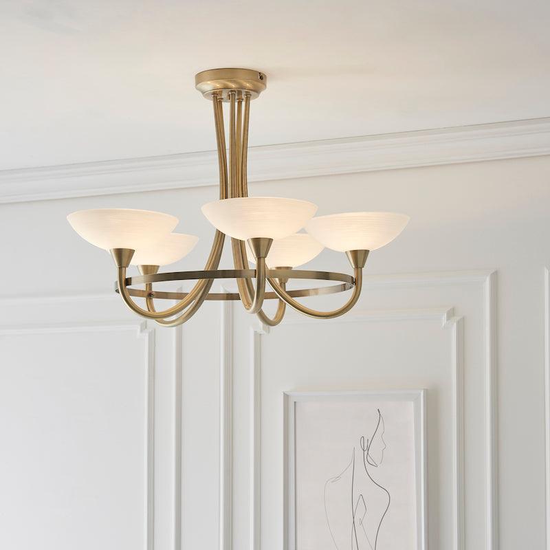 Traditional Flush And Semi Flush Ceiling Lights - Cagney 5LT Antique Brass & White Painted Glass With Lines Semi Flush Ceiling Light  CAGNEY-5AB side