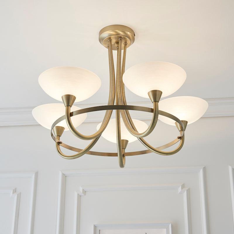 Traditional Flush And Semi Flush Ceiling Lights - Cagney 5LT Antique Brass & White Painted Glass With Lines Semi Flush Ceiling Light  CAGNEY-5AB under