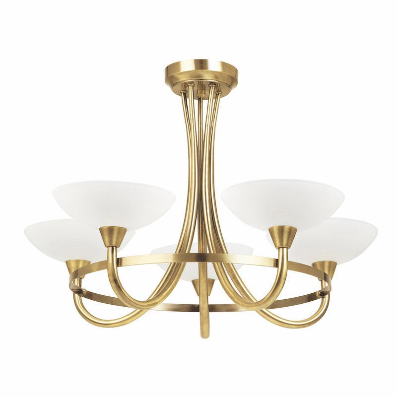 Traditional Flush And Semi Flush Ceiling Lights - Cagney 5LT Antique Brass & White Painted Glass With Lines Semi Flush Ceiling Light  CAGNEY-5AB on