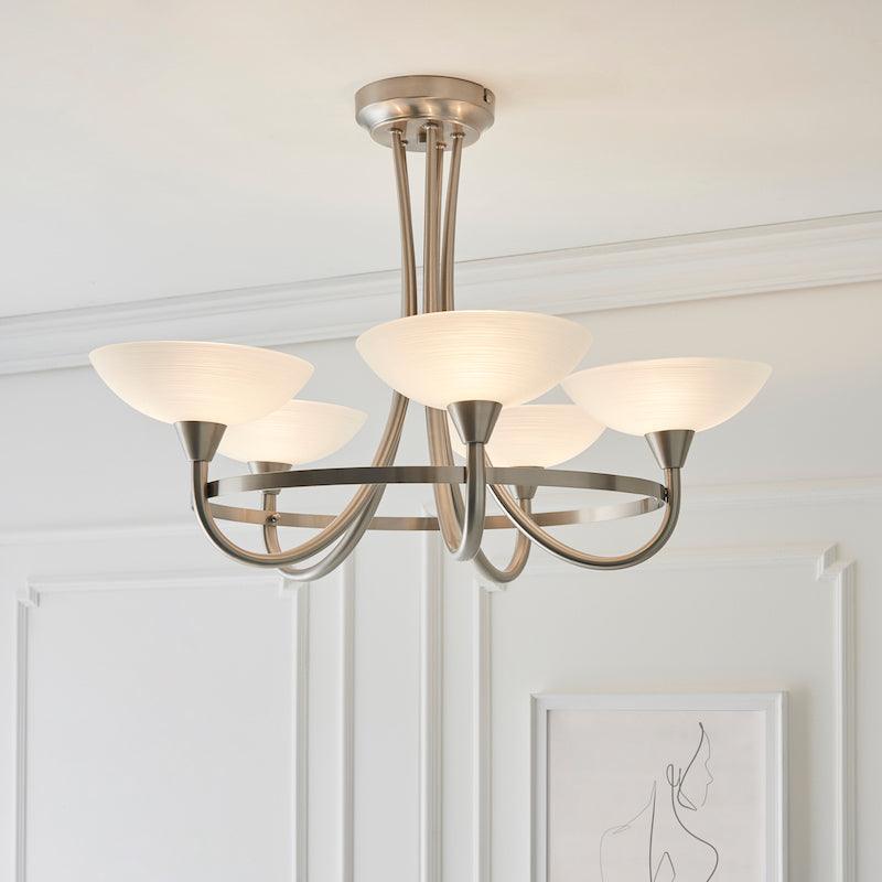 Traditional Flush And Semi Flush Ceiling Lights - Cagney 5LT Satin Crome & White Painted Glass With Lines Semi Flush Ceiling Light CAGNEY-5SC side