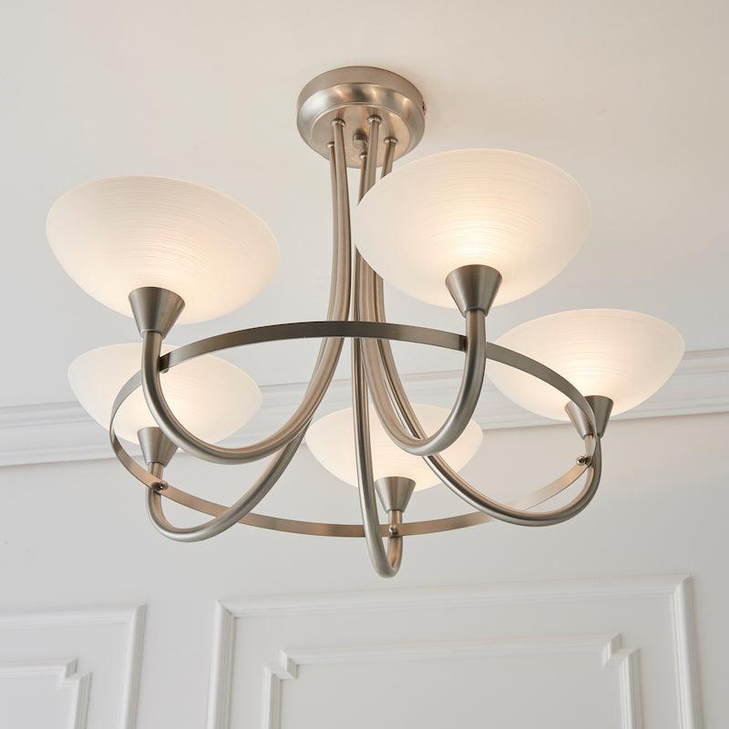 Traditional Flush And Semi Flush Ceiling Lights - Cagney 5LT Satin Crome & White Painted Glass With Lines Semi Flush Ceiling Light CAGNEY-5SC under