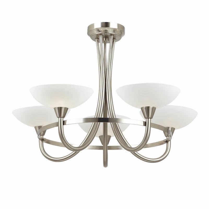 Traditional Flush And Semi Flush Ceiling Lights - Cagney 5LT Satin Crome & White Painted Glass With Lines Semi Flush Ceiling Light CAGNEY-5SC off