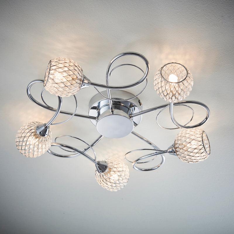 Traditional Flush & Semi Flush Ceiling Lights - Aherne 5 Arm Chrome Finish Flush Ceiling Light AHERNE-5CH AHERNE-5CH  upwards close up reflections lit