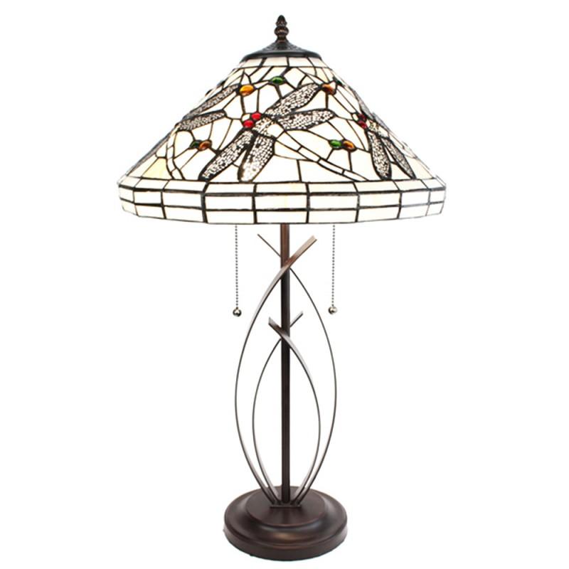 White Dragonfly Tiffany Table Lamp - Ornate Base