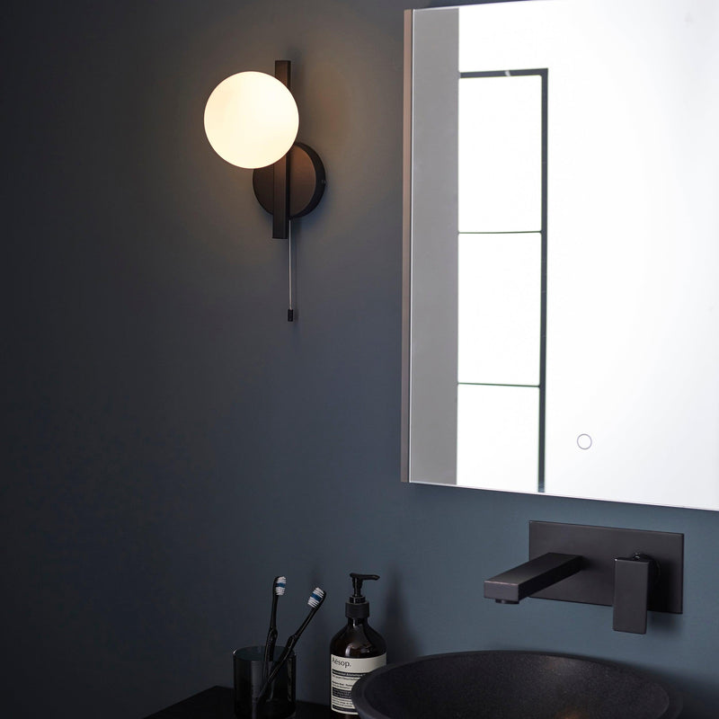 Pendle Black & Opal Glass Bathroom Wall Light - Pull Cord