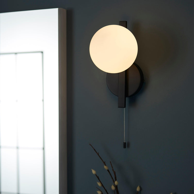 Pendle Black & Opal Glass Bathroom Wall Light - Pull Cord