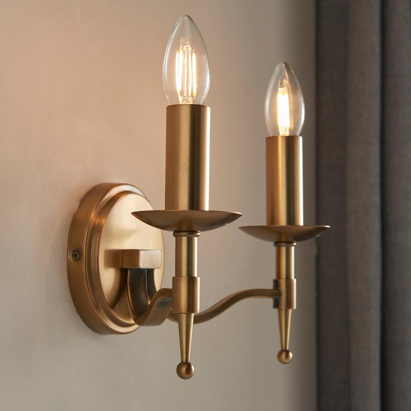 Stanford Antique Brass Double Wall Light - Beige Shades Modern bedroom image