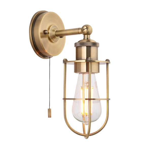 Weston Antique Brass Caged Bathroom Wall Light - Pull Cord image 1