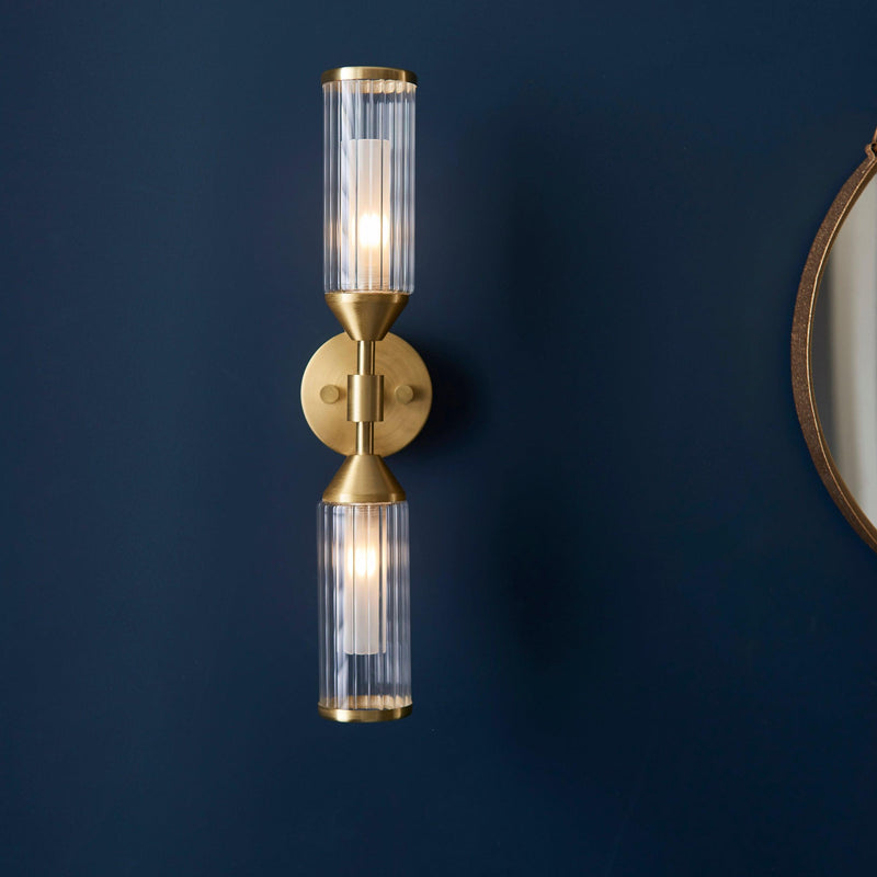 Belsize Brass Double Wall Light - Ribbed Glass Shades Close Up Image