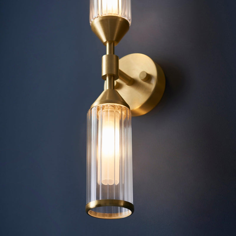 Belsize Brass Double Wall Light - Ribbed Glass Shades  Living Room Close Up