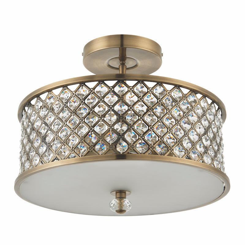 Traditional Flush And Semi Flush Ceiling Lights - Hudson Antique Brass & Clear Crystal Glass 3LT Semi Flush 70558 off
