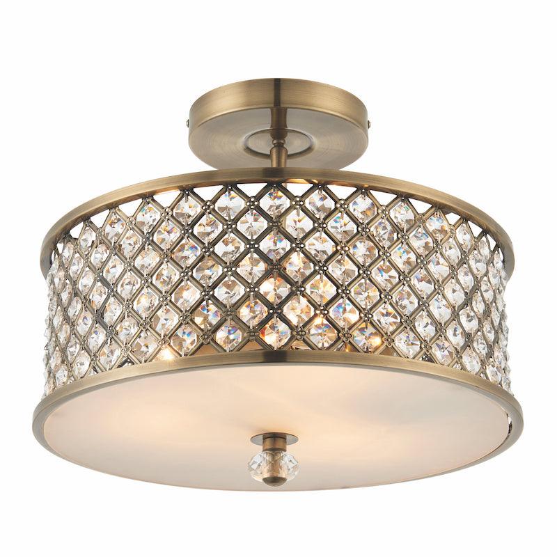 Traditional Flush And Semi Flush Ceiling Lights - Hudson Antique Brass & Clear Crystal Glass 3LT Semi Flush 70558 on