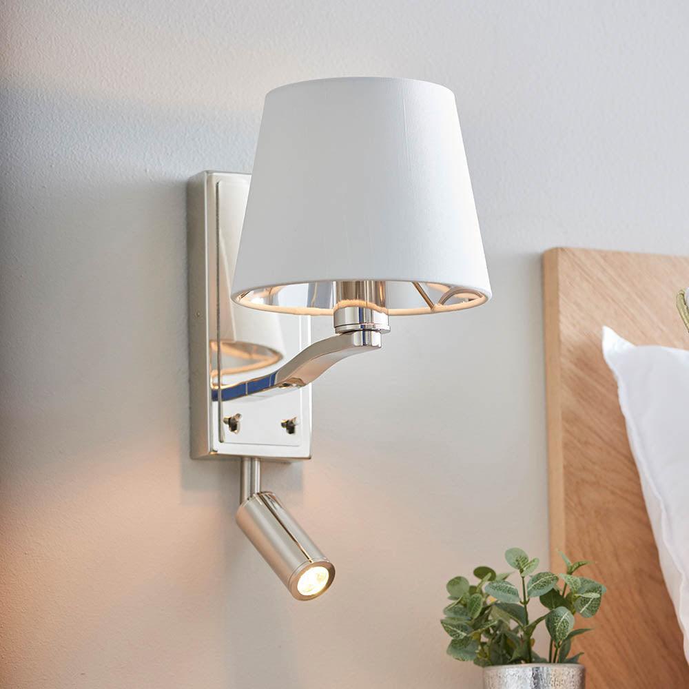 harvey nickel finish wall light white shade by Endon Lighting Living Room Close Up 125