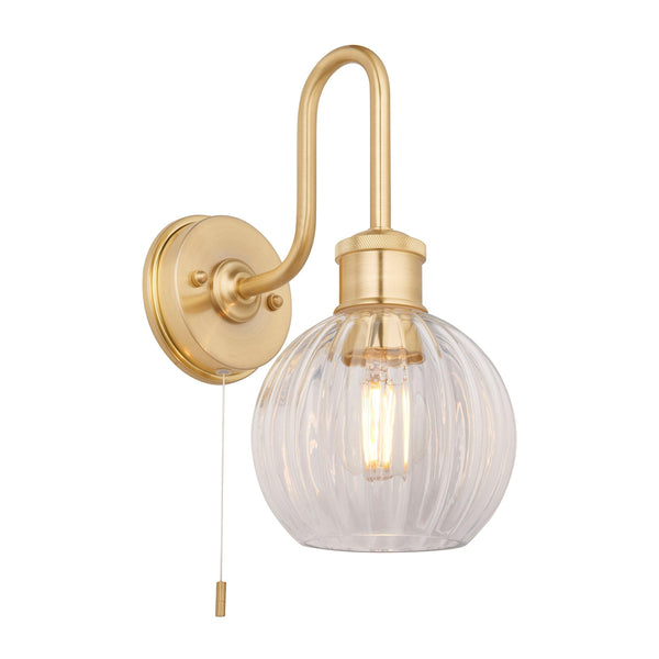 Chelsea Brass Bathroom Wall Light - Clear Ribbed Glass Shade image 1