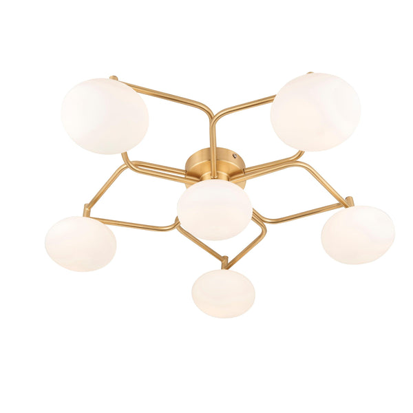 Lotus 5 Light Flower Brass Living Room Ceiling Flush - Opal Glass Shades Image 1