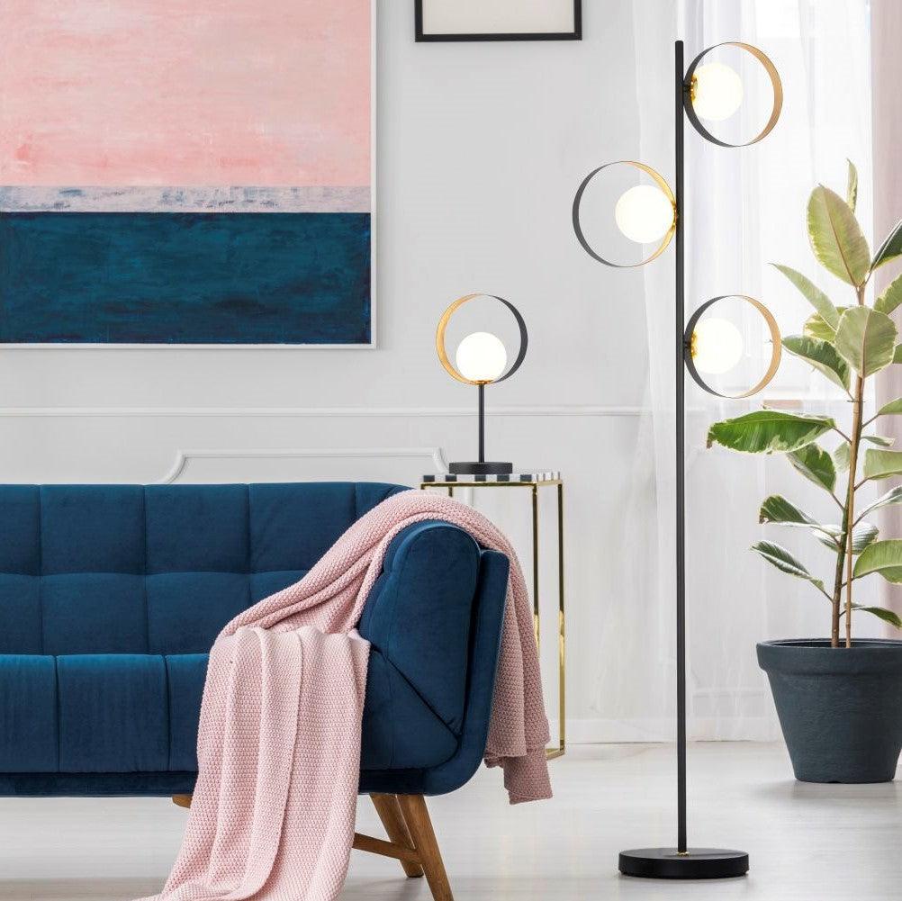 orbital 3 light black and gold floor lamp opal glass by searchlighting lighting, living room image