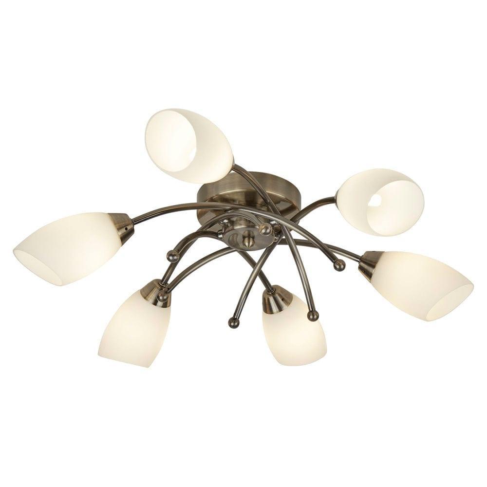 Opera 6 Light Brass Flush Ceiling Light - Opal Glass Living room Image