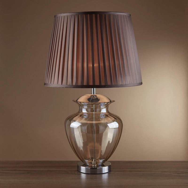 Elina Amber Glass & Chrome Urn Table Lamp - Brown Shade