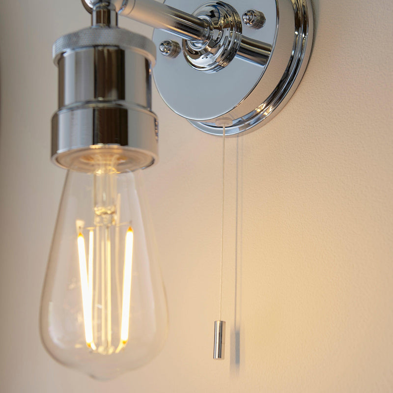 Fitzrovia Chrome Industrial Bathroom Wall Light - Pull Cord
