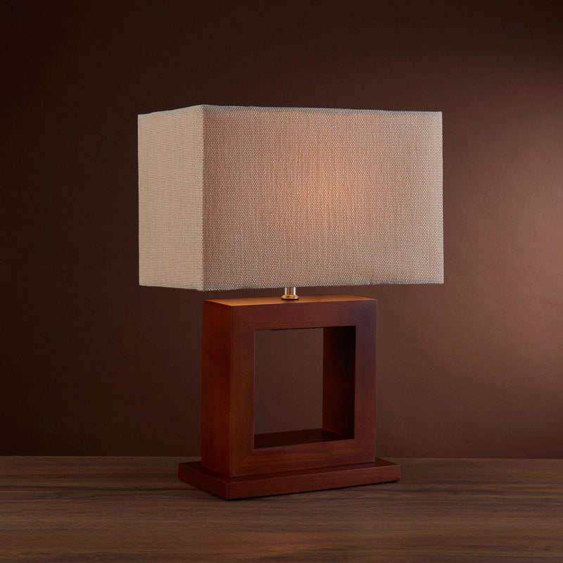 Calven Dark Wood Square Table Lamp With Beige Shade