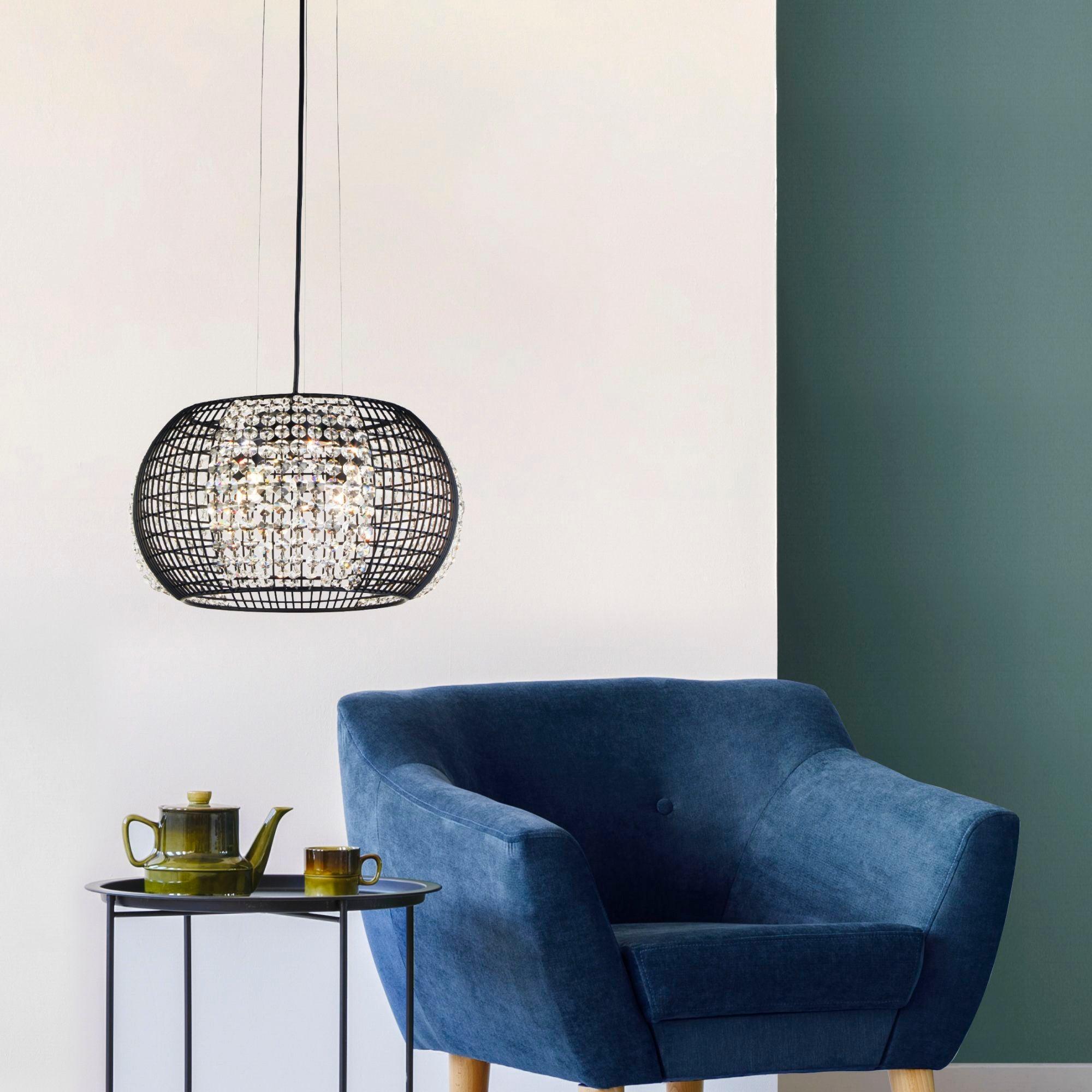 Cage 4 Light Black Drum Pendant - Crystal Glass Panels-Ceiling Pendant Lights-5-Tiffany Lighting Direct