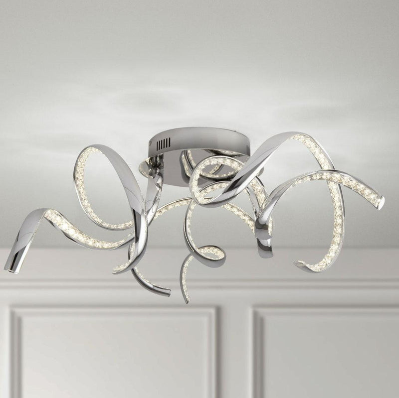 Searchlight Twirls Arm LED Chrome & Crystal Ceiling Flush Hallway Image