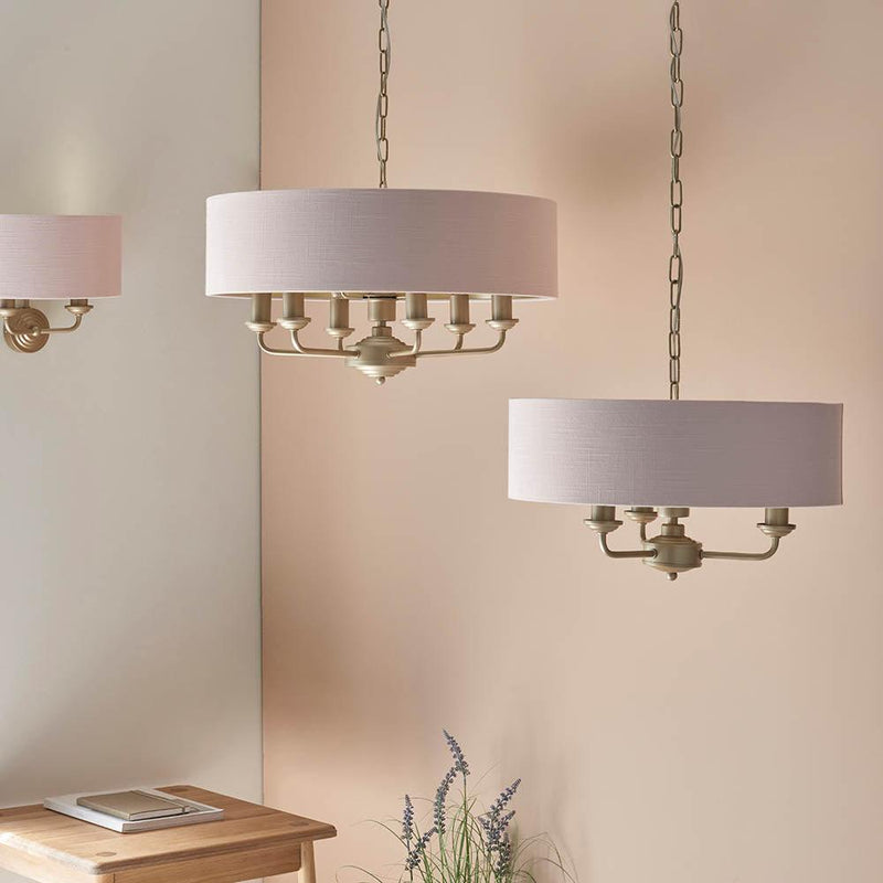 Endon Highclere 3 Light Champagne Paint Pink Fabric Pendant
