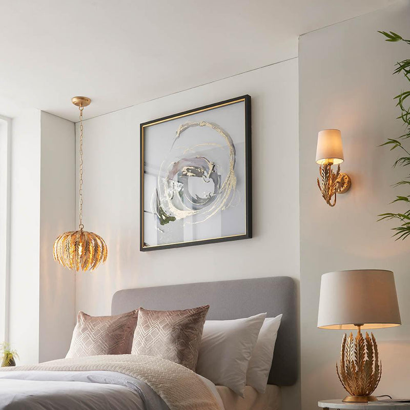 Endon Delphine Gold Wall Light With Ivory Shade  Living Room Close Up