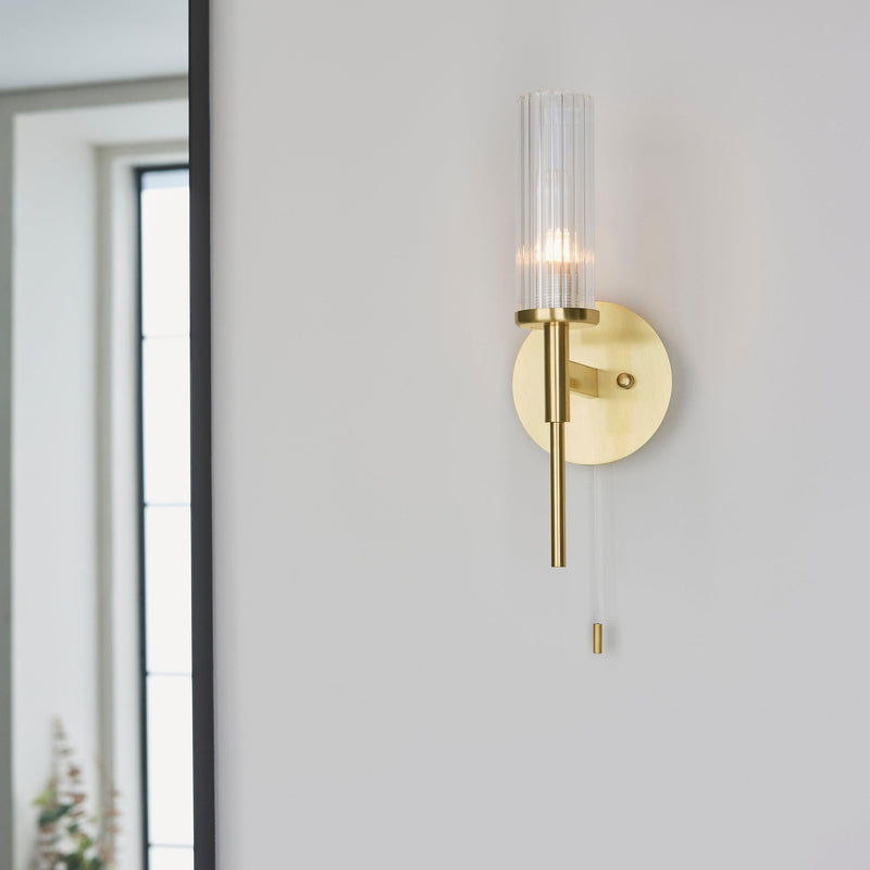Talo Brass & Ribbed Cylinder Glass Shaded Bathroom Wall Light Close Up Image