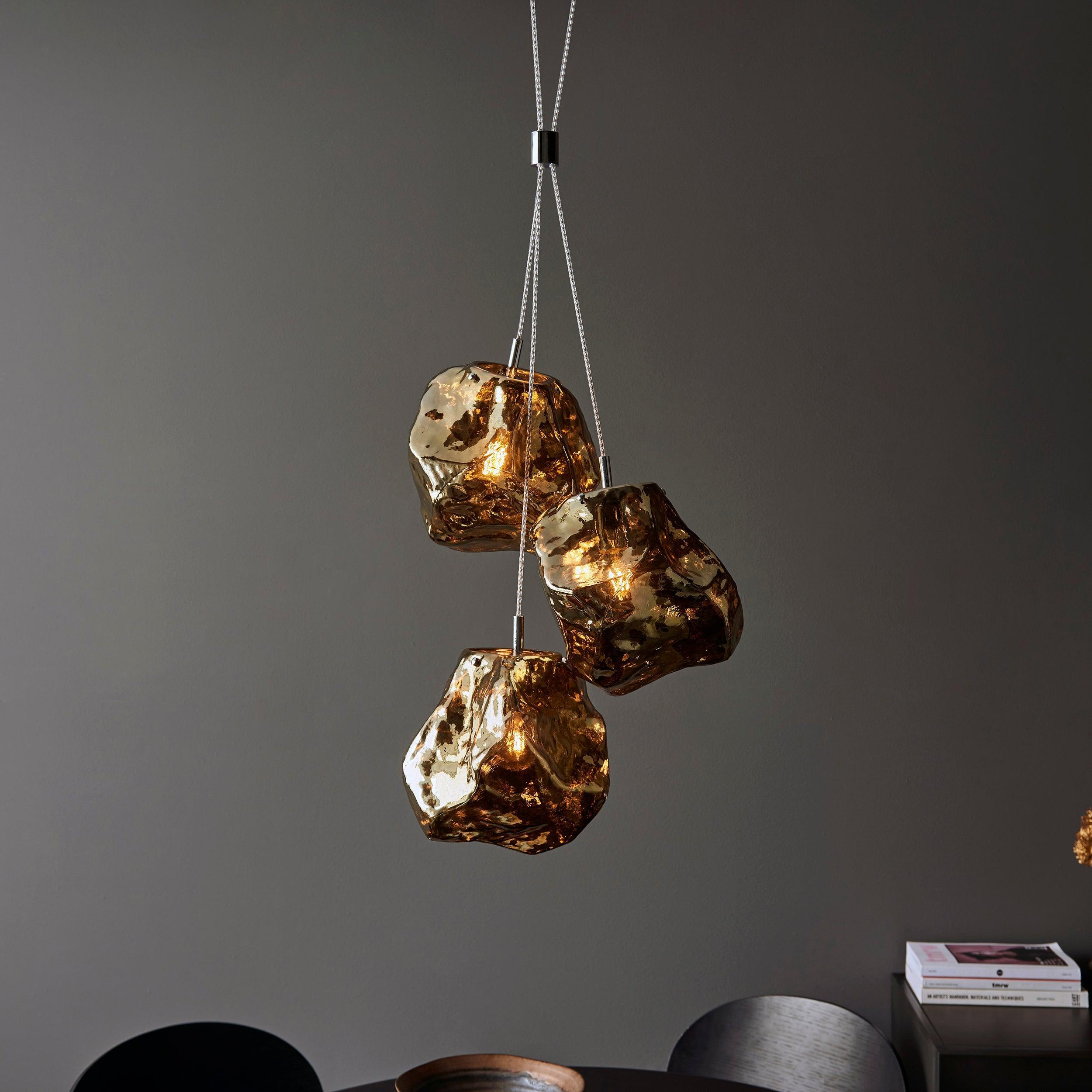 Endon Rock 3 Light Metallic Brass Pendant Light-Ceiling Pendant Lights-Endon Lighting Living Room Close Up Lighting Tiffany Lighting Direct