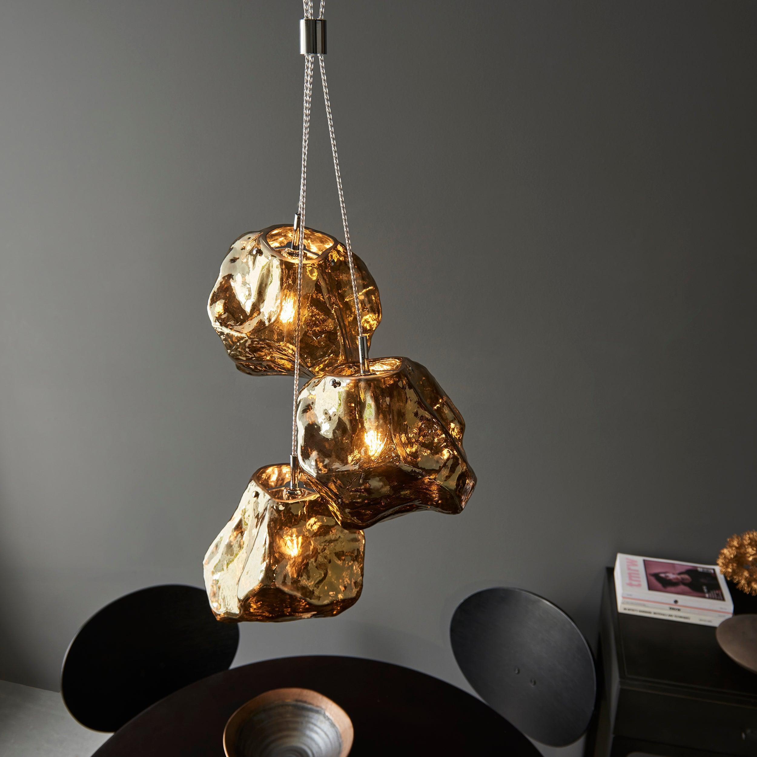 Endon Rock 3 Light Metallic Brass Pendant Light-Ceiling Pendant Lights-Endon Lighting living room close. up unlit Tiffany Lighting Direct